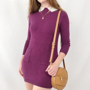 Stunning Vintage Sweater Dress Faux Collar Wool Long Sleeve Quirky Cute Preppy